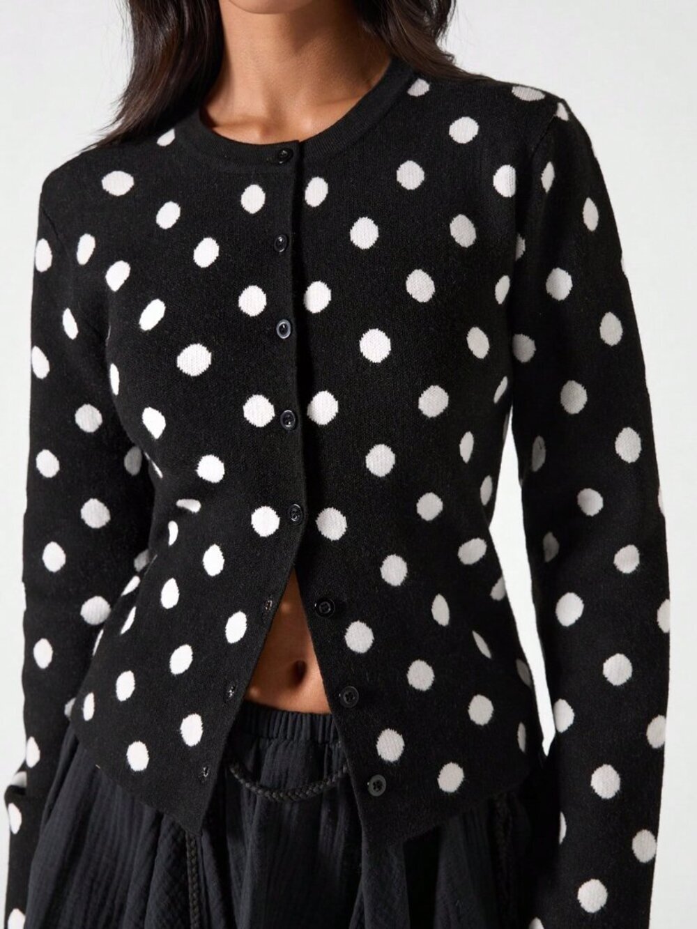 Black Casual Women's Long Sleeve Cardigan with Polka Dot Pattern